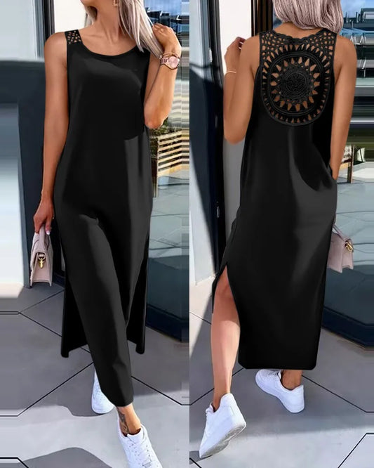 Hollow Out Solid Long Dress Women Fashion Sleeveless O-neck Maxi Dress.  S-2X