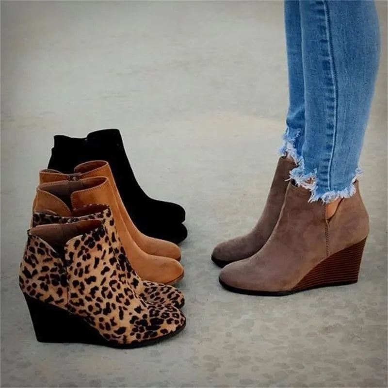 Women Booties Leopard Ankle Platform Heel Wedge Shoe.