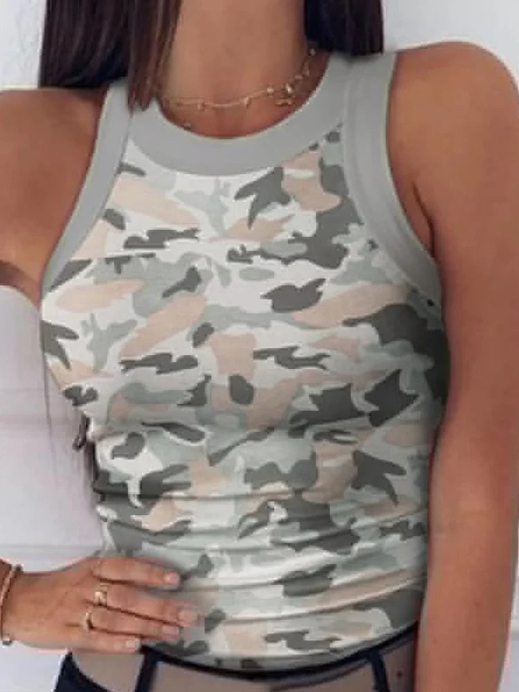 Women Casual Camo Round Neck Ribbed Tank Top Summer Basic Sexy Crew Neck.  S-2x