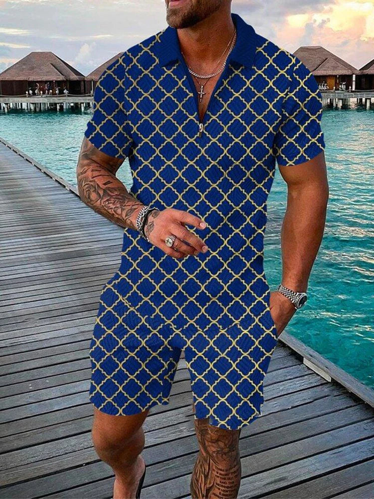 New Summer Trend Retro Print Men's Two Piece Set Casual Zipper Collar Polo Shirt And Shorts .  S-5X