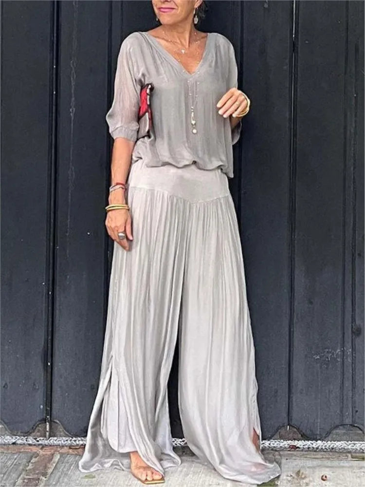 Women's Sexy V-neck Short Sleeved Top And Wide Leg Pant Set Chiffon Casual Loose Outfit.  S-3X