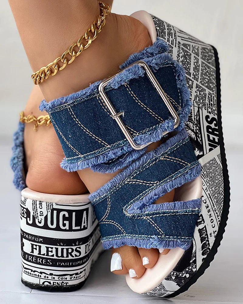 Women Casual Fashion Daily Wear Summer Buckled Denim Wedge Sandals