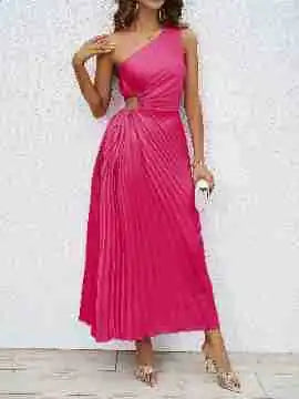 Women's Fashion One-shoulder Slant Neck Line, Pleat Hollow Out Dress Elegant Evening Dress Wedding .