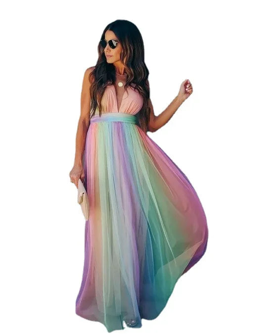 Deep V-neck Rainbow Mesh Sexy Dress High Waist Dress .  S-xxL