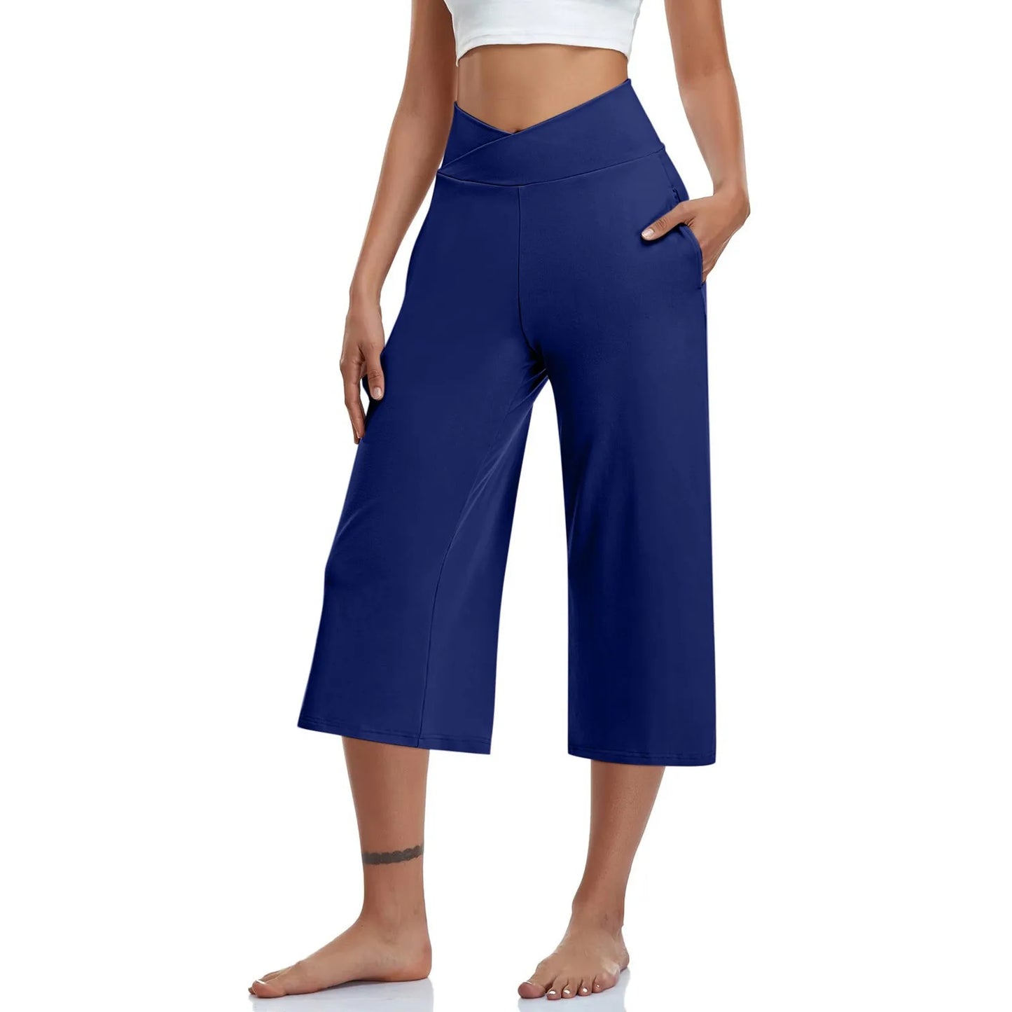 Spring and Summer Women Elastic High Waist 3/4 Pant Solid Casual Active Fit Wide Capri Leg Trousers With Pockets.  S-3X