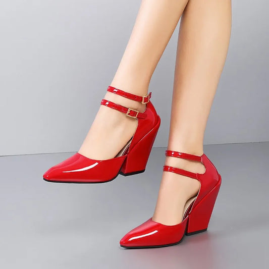 Red Pointed Sandals With Wedge Heel Leather High Heeled Elegant Shoe.