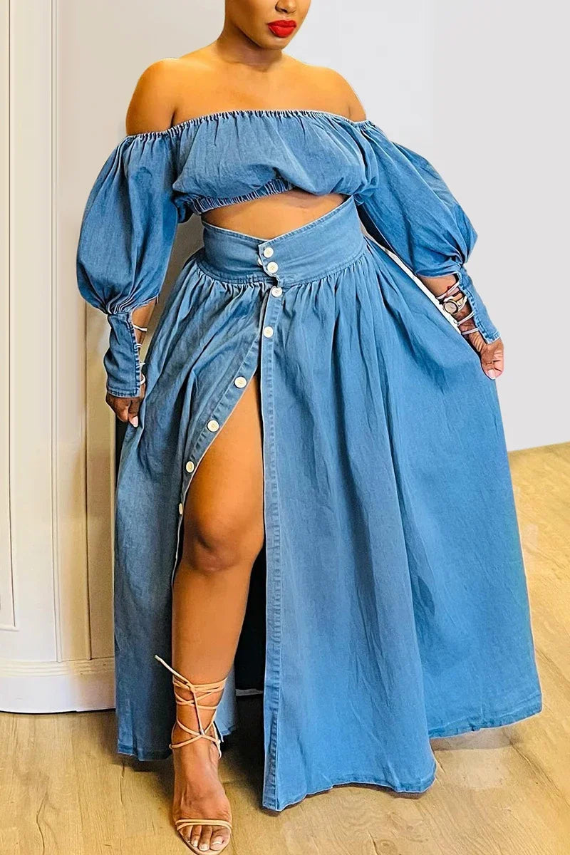 Women's Plus Size Casual Off The Shoulder Split Button Two Pieces Denim Skirt Set Lantern Sleeve Vintage Crop Top Matching Set