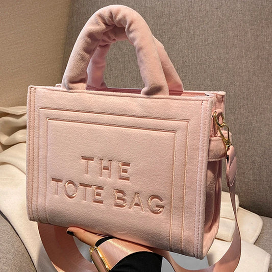 Women's Velour Tote Original Letter Print Square Stylish Soft Shoulder Bag
