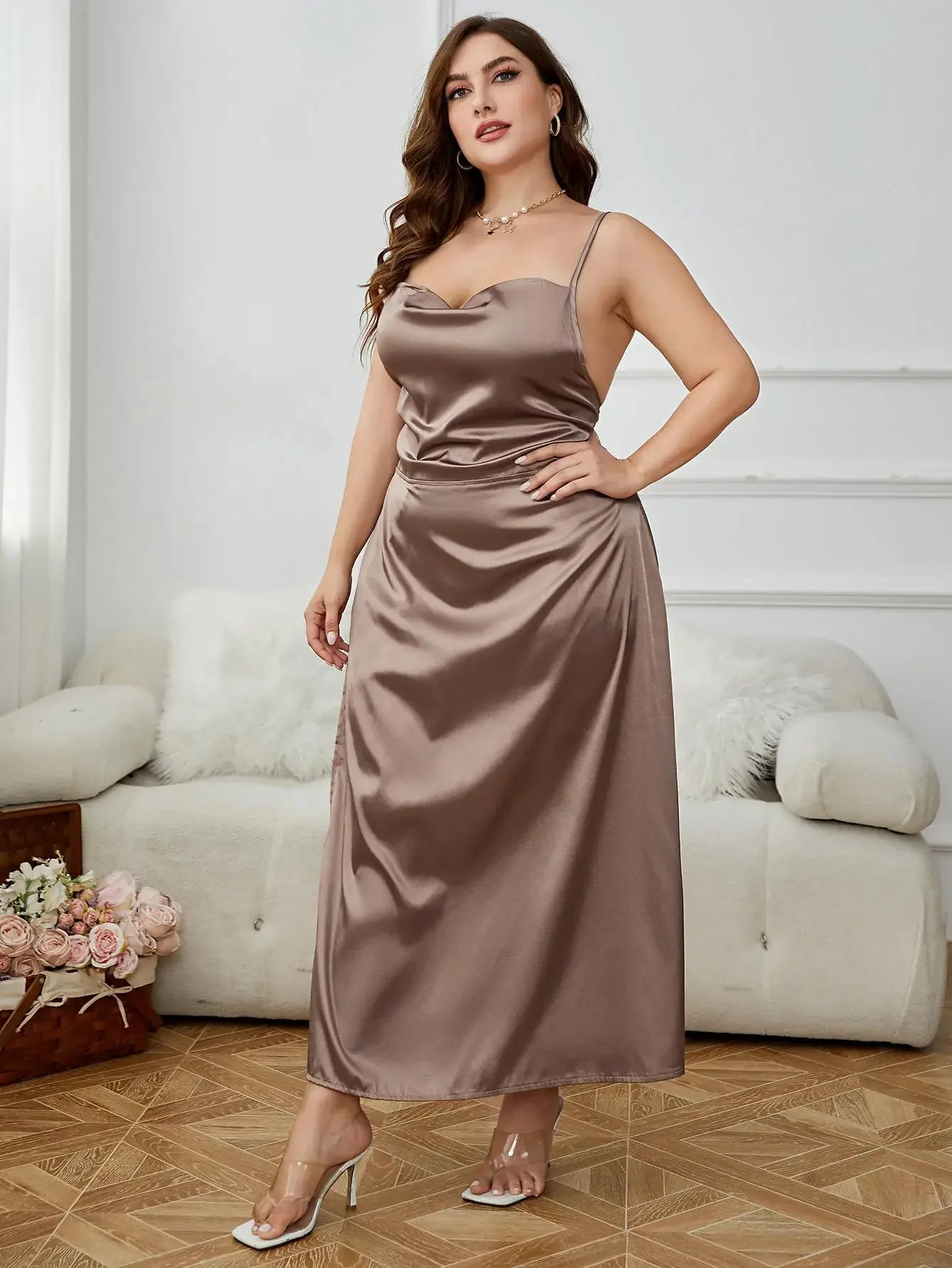 Plus Size Women's Sleeveless Criss Cross Backless Side Split Party Maxi Dress Satin Sling Cowl Neck