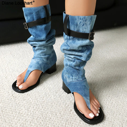 Summer Women Open Toe Boots Chunky Heel Flip-Flops Knee-High Boots With Belt Buckle