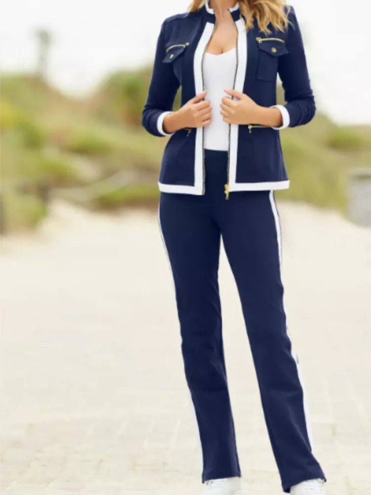 New Fashion Casual Two Piece Set Elegant Women Slim Simple Zipper Top Straight Sweatpants Suit.  S-2X
