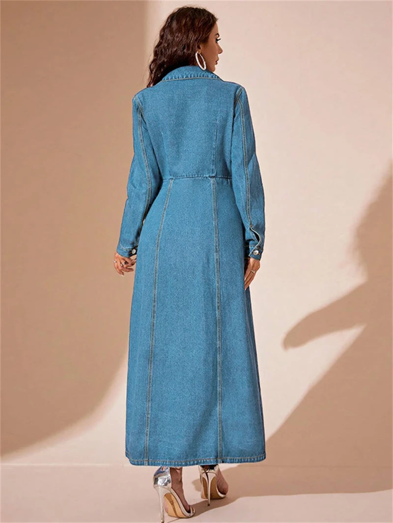 Streetwear Slim Fit Denim Dress Women Full Sleeve Single Breasted Denim long Dress.  Vestidos,     S-2X