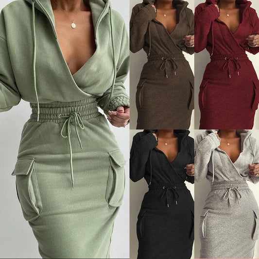 Women's Two Piece Summer Solid Colour Hooded V-neck Top Drawstring waist Dress Set.  S-3XL