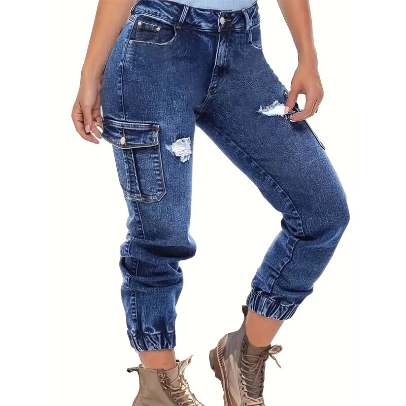 Women's Distressed Stretch Cropped Cargo Jeans - Multi-Pocket Denim with Elastic Cuff