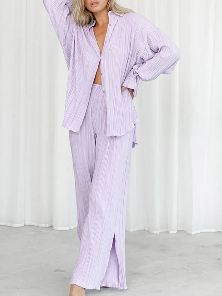 Women Pleated 2 Piece Long Sleeve Blouse And Split Wide Leg Pant Suit.