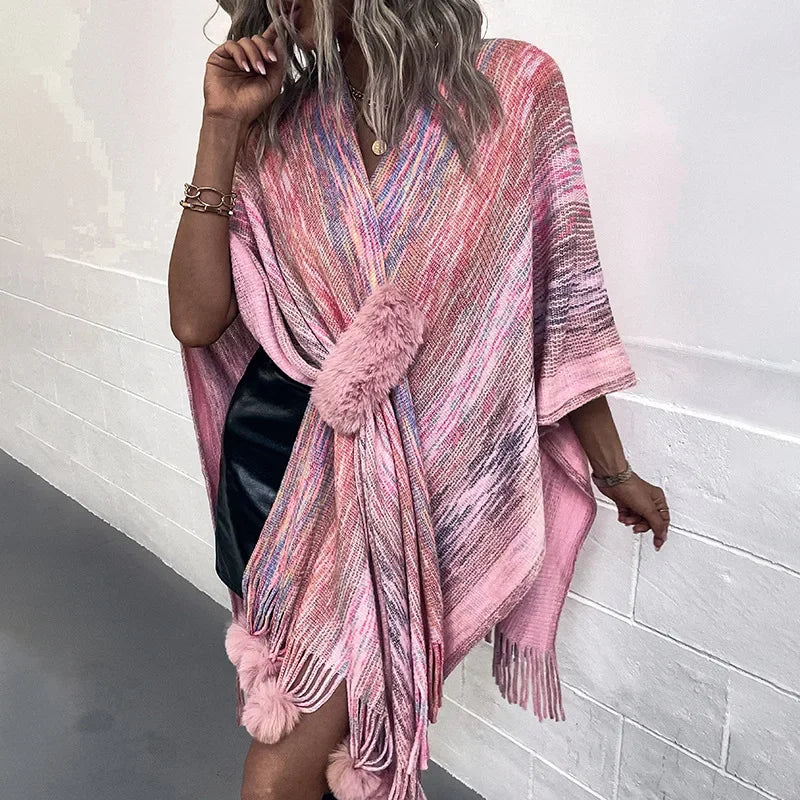 Shawl Women Full Sleeve Tassel Elegant Splice Open Stitch Poncho. (One Size)
