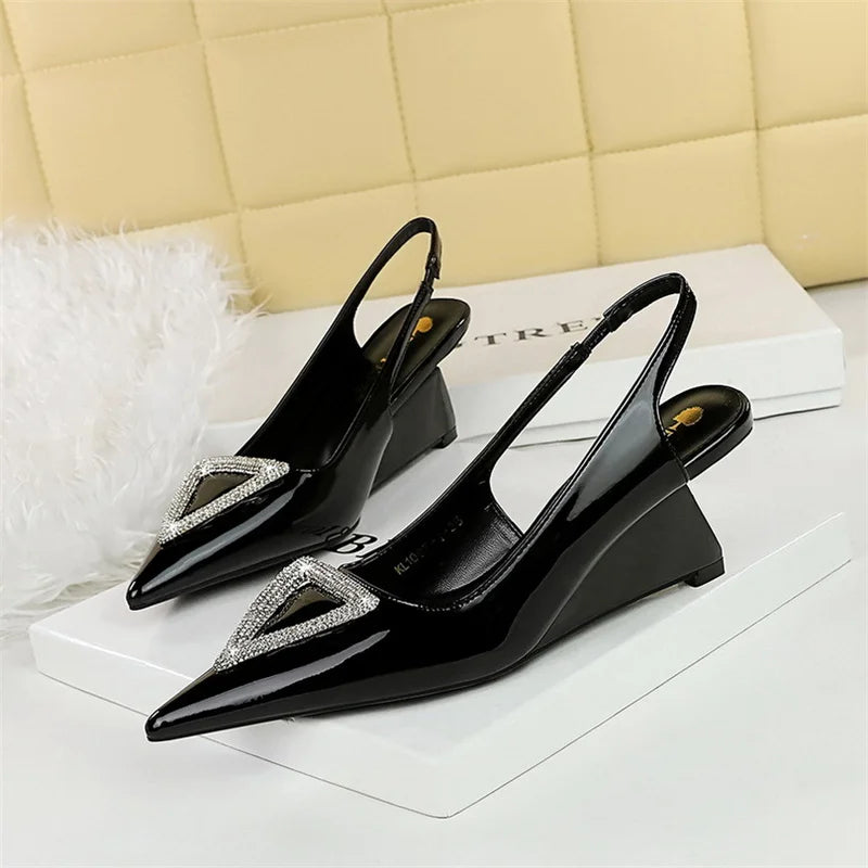 Women Wedge Shoe High Heel Pointed Toe, Back Straps Patent Leather Triangle Metal Crystal Buckle Pumps