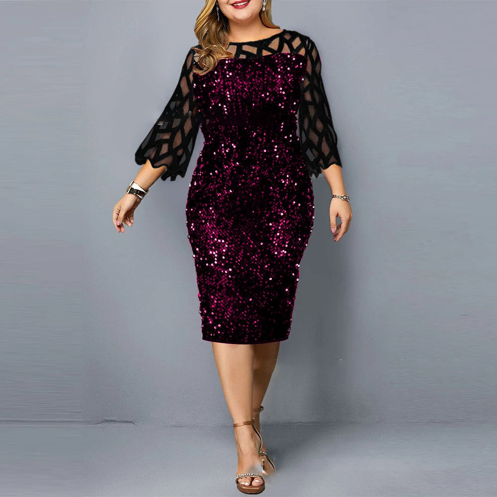 Elegant Sequin Plus Size Women Dress Sexy Casual Evening Party Dress
