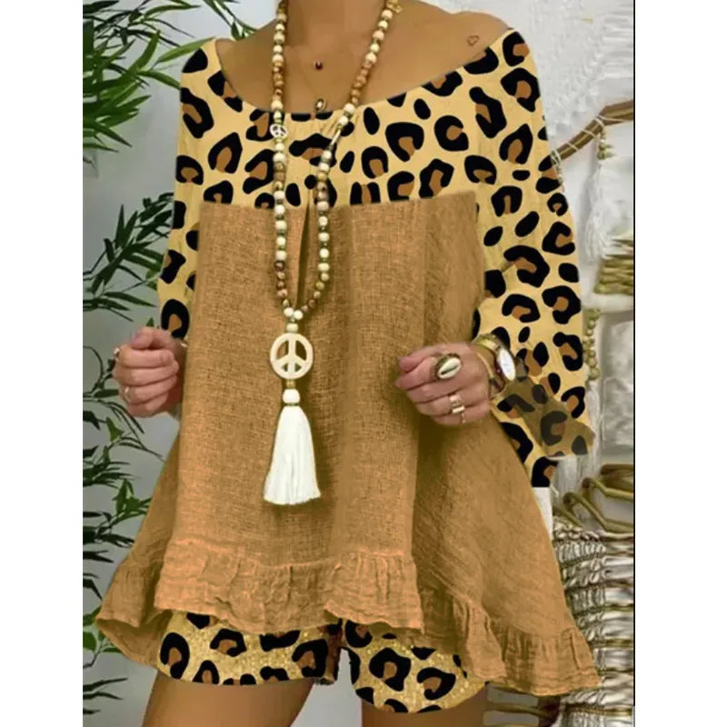 Women 2025 2 Piece Spring Summer Bohemian Casual Leopard Print Loose Fit Outfit.  S-3XL
