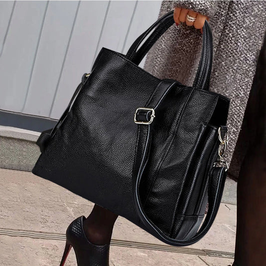 Cowhide women's handbag casual versatile black daily commuting single shoulder cross-body tote bag