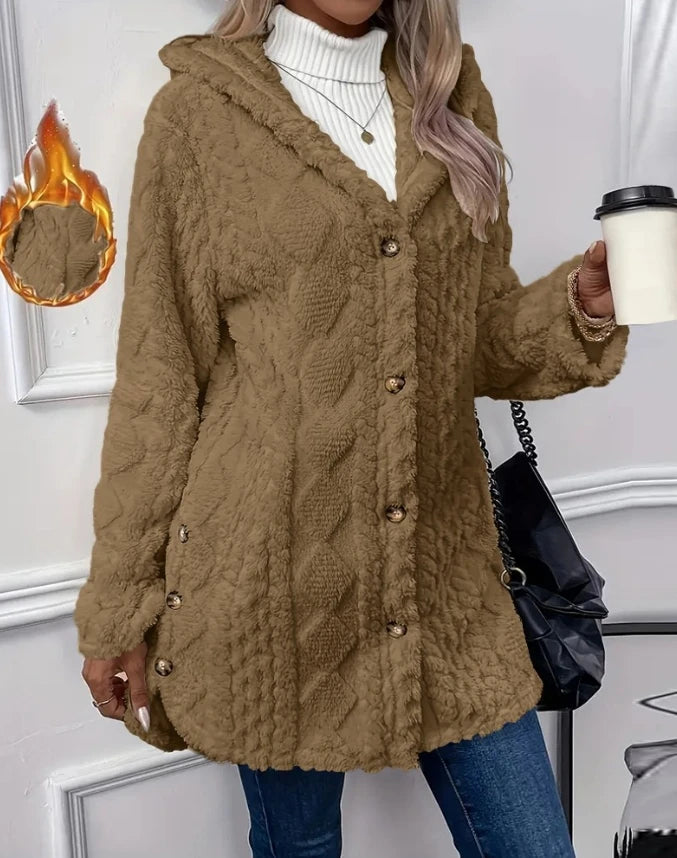 Women's Jacket Autumn Winter Argyle Textured Pattern Hooded Fleece Outerwear Coat