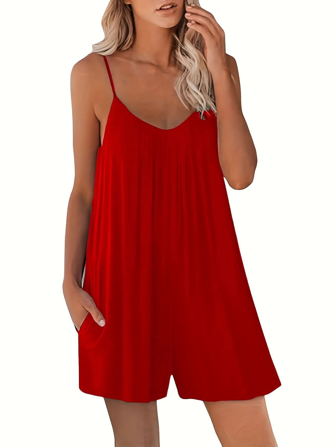 New European Women's Casual Solid Round Neck Loose Pocket Romper.  S-3x