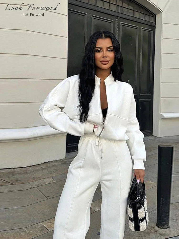 Casual Pants Set Women Spring Autumn Zip Up Jacket Loose Elastic Waist Trousers Suit.