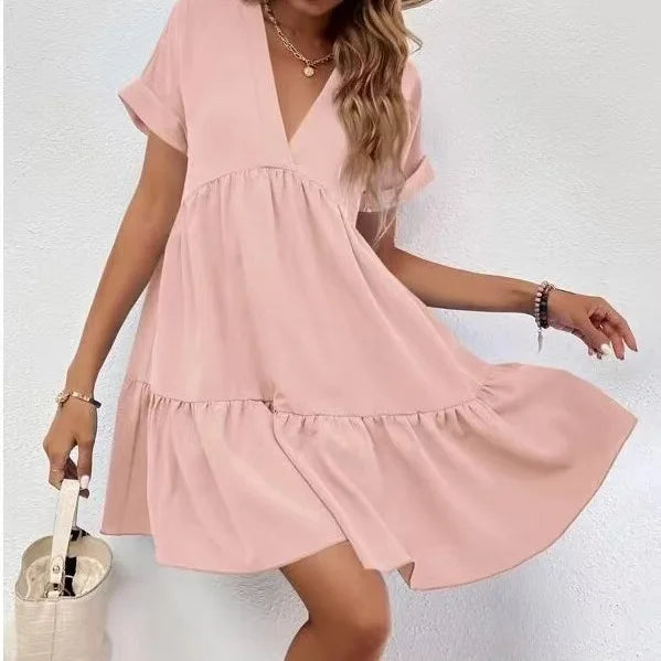 Women's Casual Short Skirt Fresh  Sweet V-neck Cake Solid Color Big Swing Elegant Summer New Solid Color Holiday Mini Dress