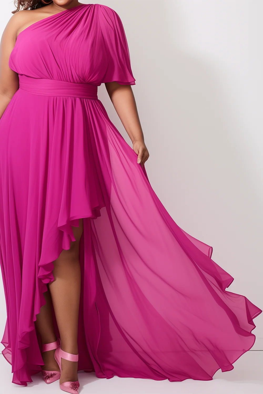 Ladies Curvy Size Formal Hot Pink Oblique Collar Short Sleeve Irregular Hem Ruffled Fold Chiffon Elegant Wedding Guest Maxi Dress.