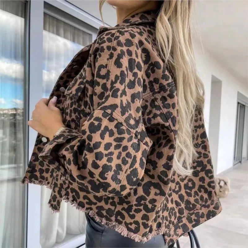 Leopard Denim Jacket For Women New Fashionable And Trendy Style Female Jacket .  S-XL
