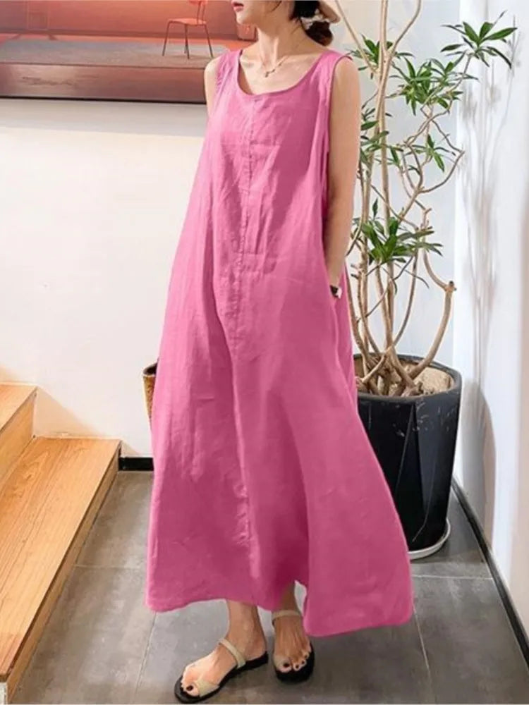 Fashion Cotton And Linen Simple Women's Long Dress Summer Casual Loose Pocket O-neck Elegant Women's Sundress.  S-4X