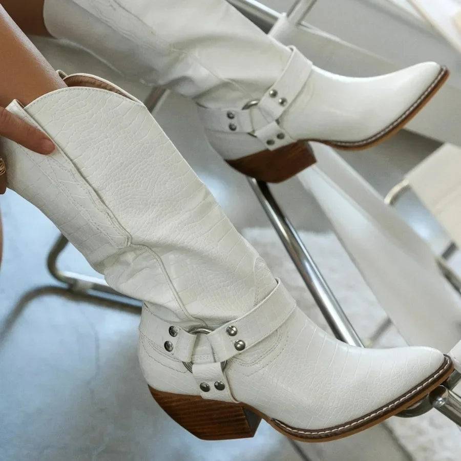 New 2025 Women's Western Cowboy Boots Flock Cow Print Chunky Heel Point Toe Western Boot .   Botas Femininas