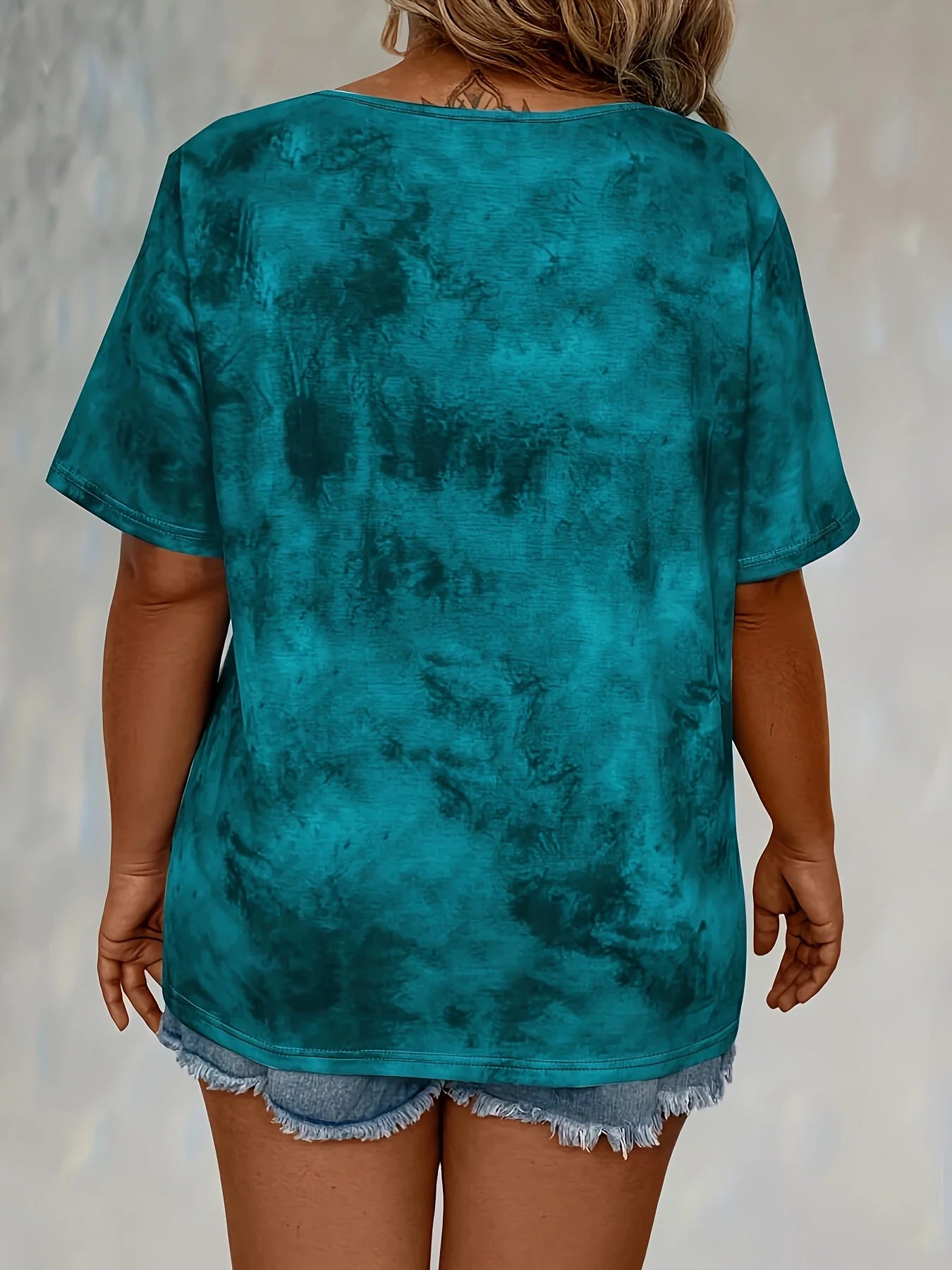 Plus size tie-dye printed short-sleeved T-shirt elegant lace-up design casual style