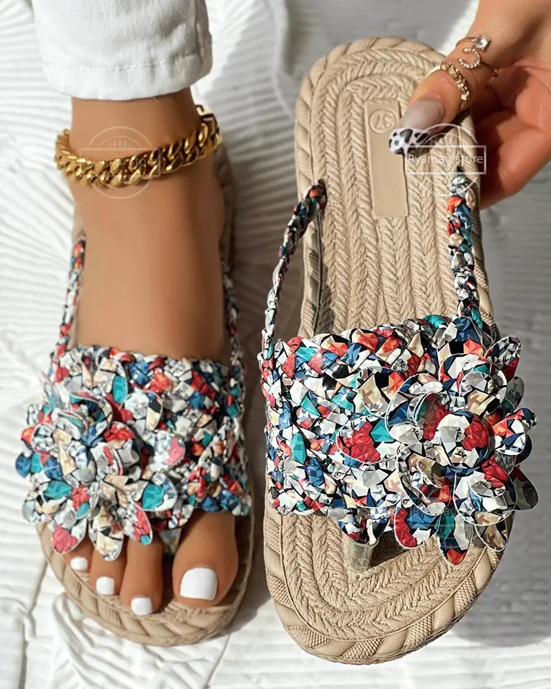 Women Solid Or Ombre Pattern Braided Casual Sandal Holographic Braided Floral Pattern