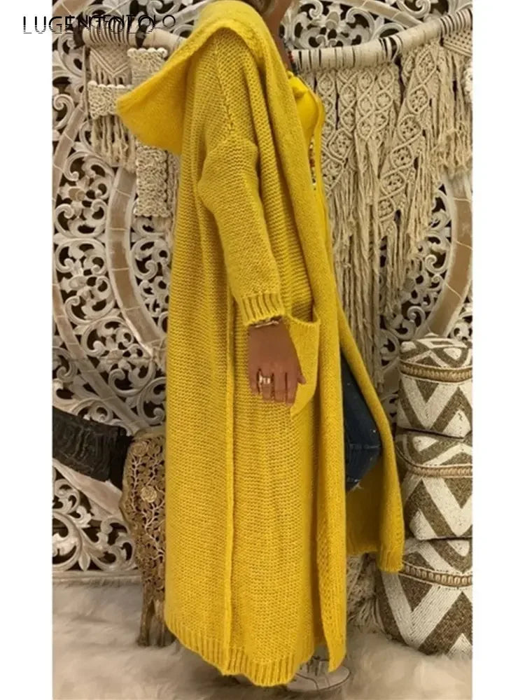 Long Sweater Women Knitted Cardigan Autumn Winter Solid Color Loose Hooded Pocket Casual Fashion Sweater.