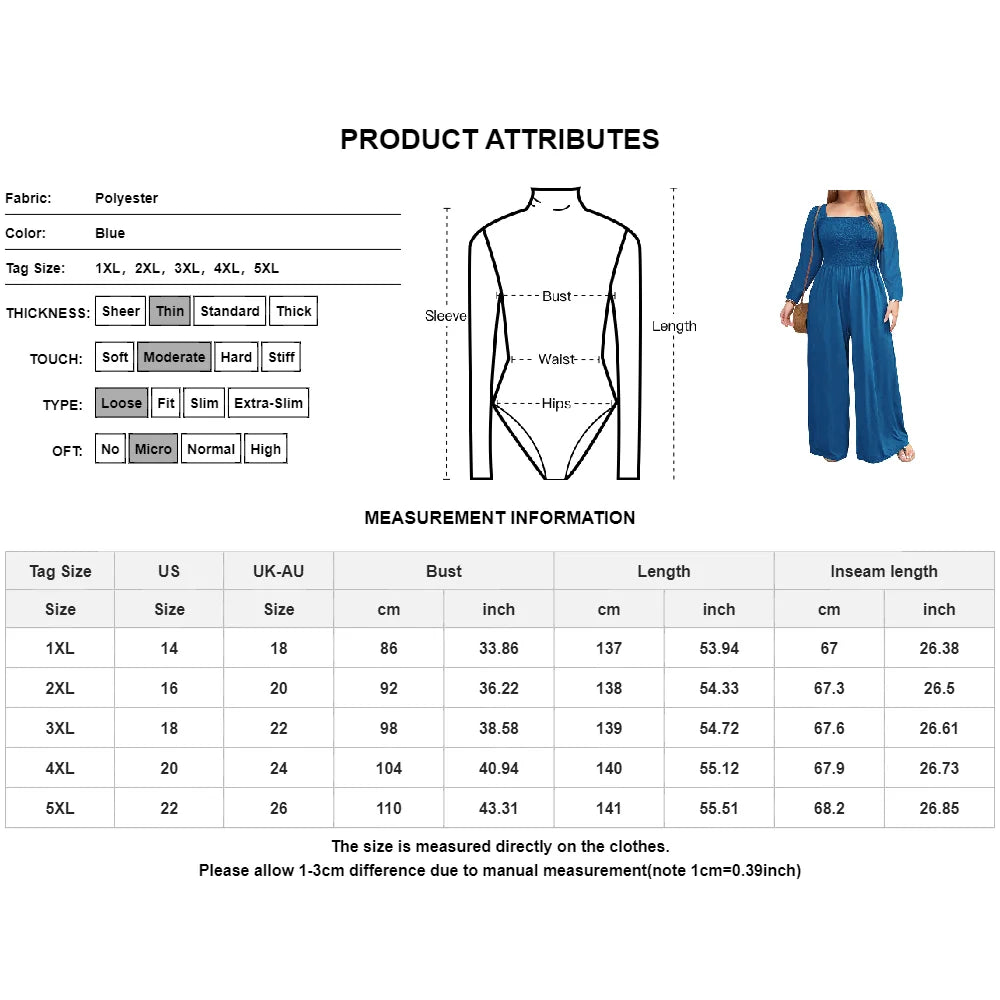Plus Size Women Wide Leg Jumpsuit Autumn Winter One-piece Long Sleeve Jumpsuit Fashion.