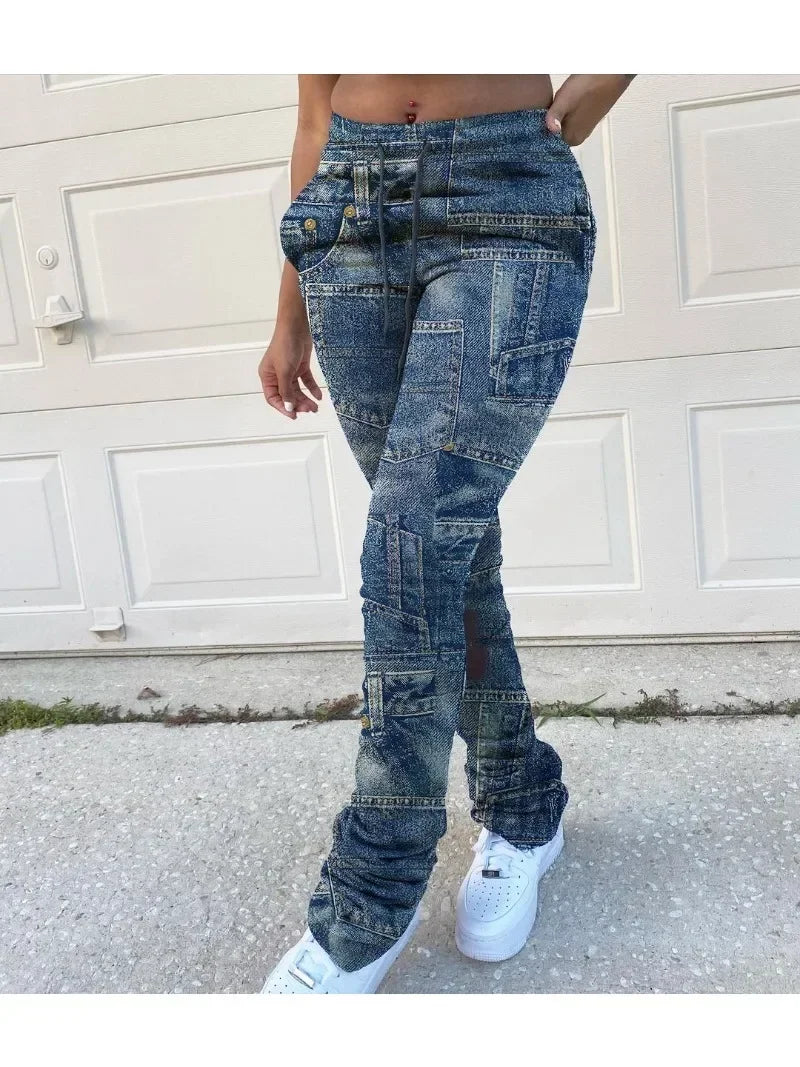 Women's All Season Straight Leg Pants Sports Leisure Drawstring Fashion Sporty Pants Imitation Denim.   S-3x