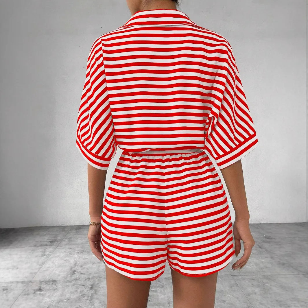 Summer New Set For Women's Casual Loose Comfortable Outfit Fashion Striped Shirt Top+ Shorts 2-piece Set.  S-2X