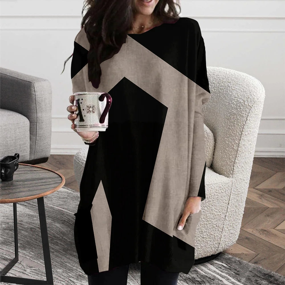 Women's Casual Geometric Print Dress Fashionable Round Neck Long Sleeve Loose Dress 2025 Spring New Style Comfortable Home Wear