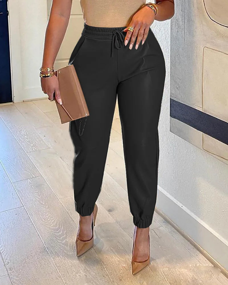 Women's New PU Leather Fashion Elastic Waist Long Pants Vintage Elegant Casual Loose Fit Women's Pants.  S-3X