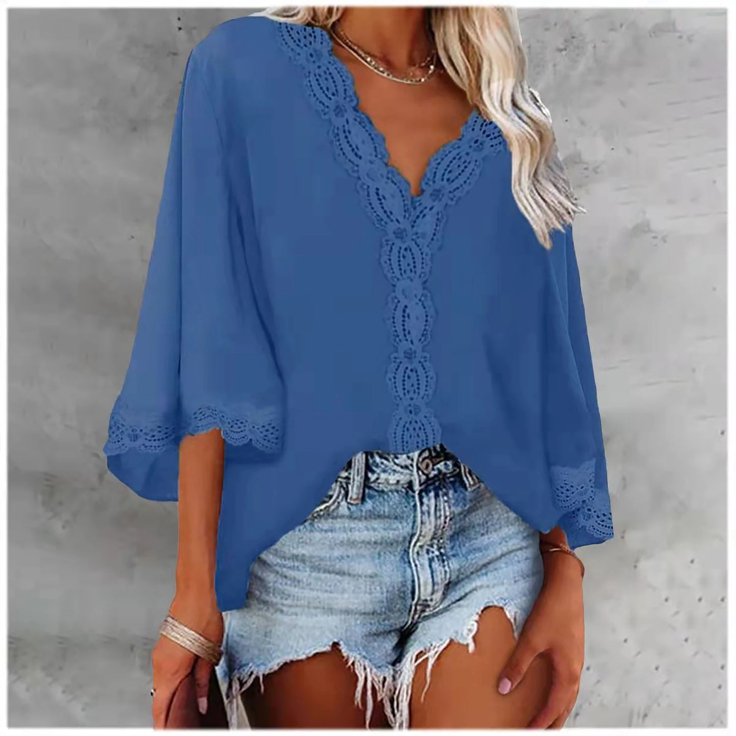 European style spring and summer new women's shirt flared sleeve V-neck loose shirt.  S-2X