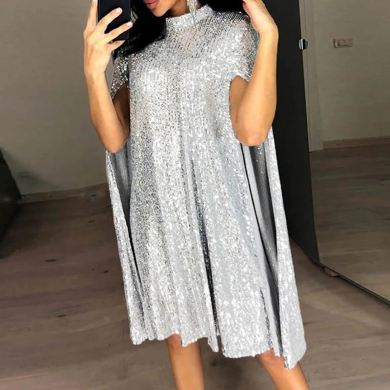 Sexy Party Sequin Glitter Cloak Sleeve Elegant Woman Dress 2025.  S-2X