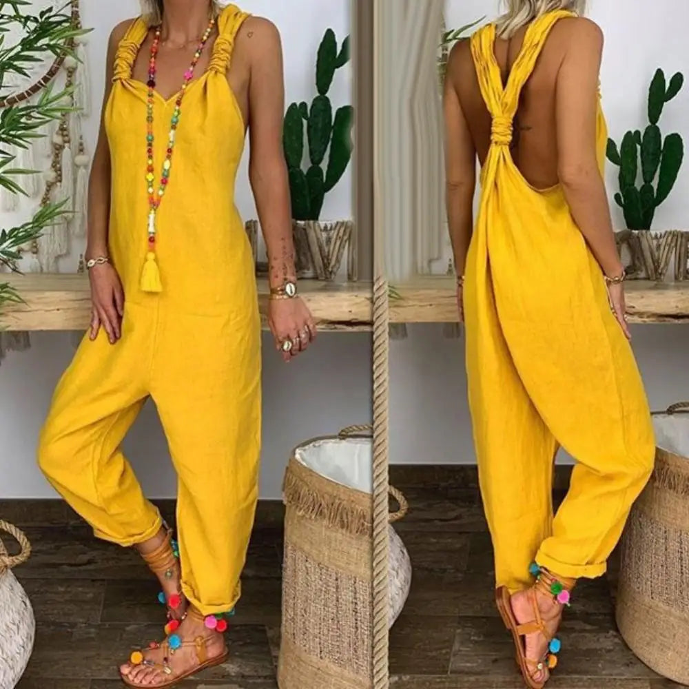 Women Casual Backless Solid Colour Sleeveless Jumpsuit