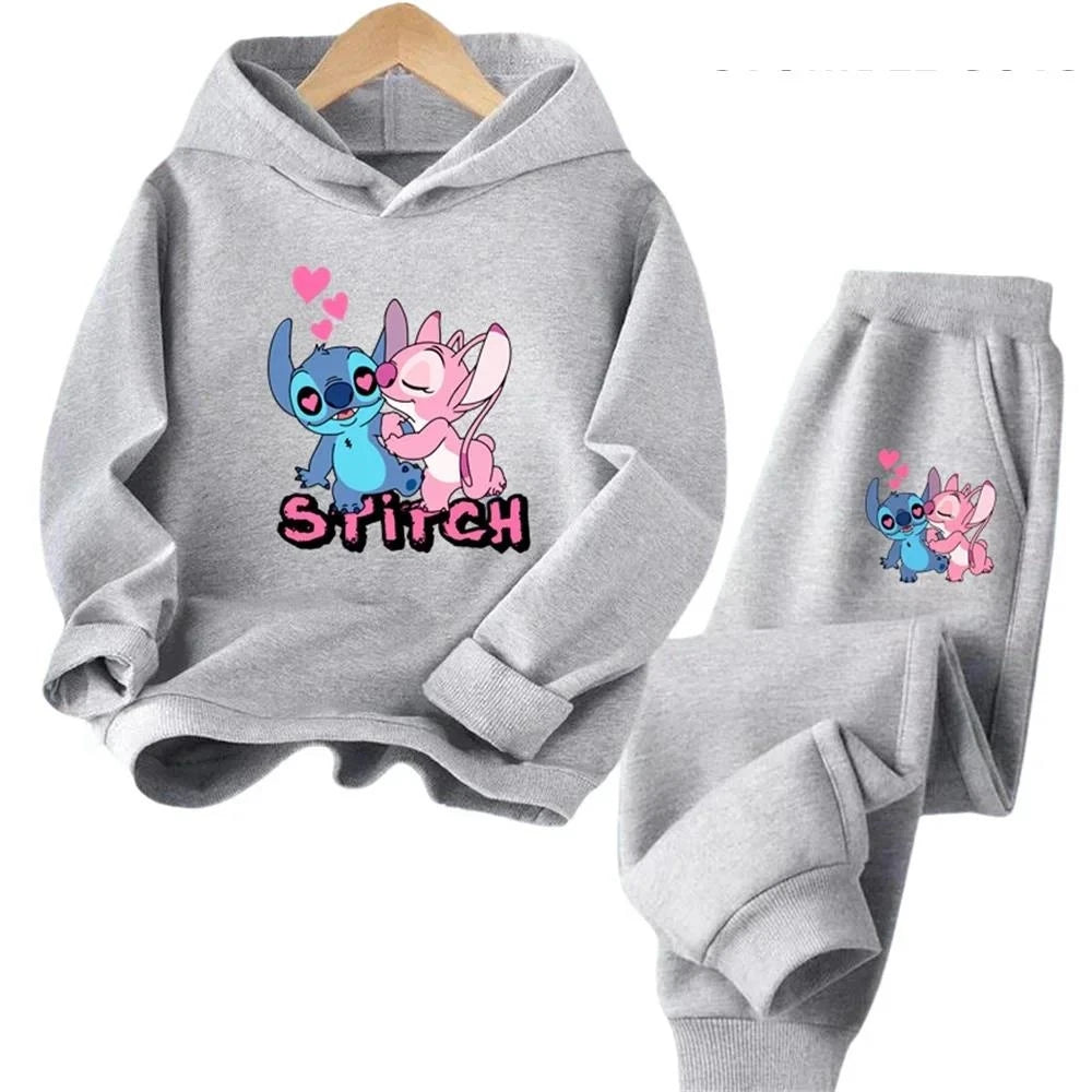 Kawaii Stitch Hoodie For Girls Casual Long-sleeves Sweatshirt+long Pants Sets for 2-13 Years Kids Autumn 2pcs Set Clothing