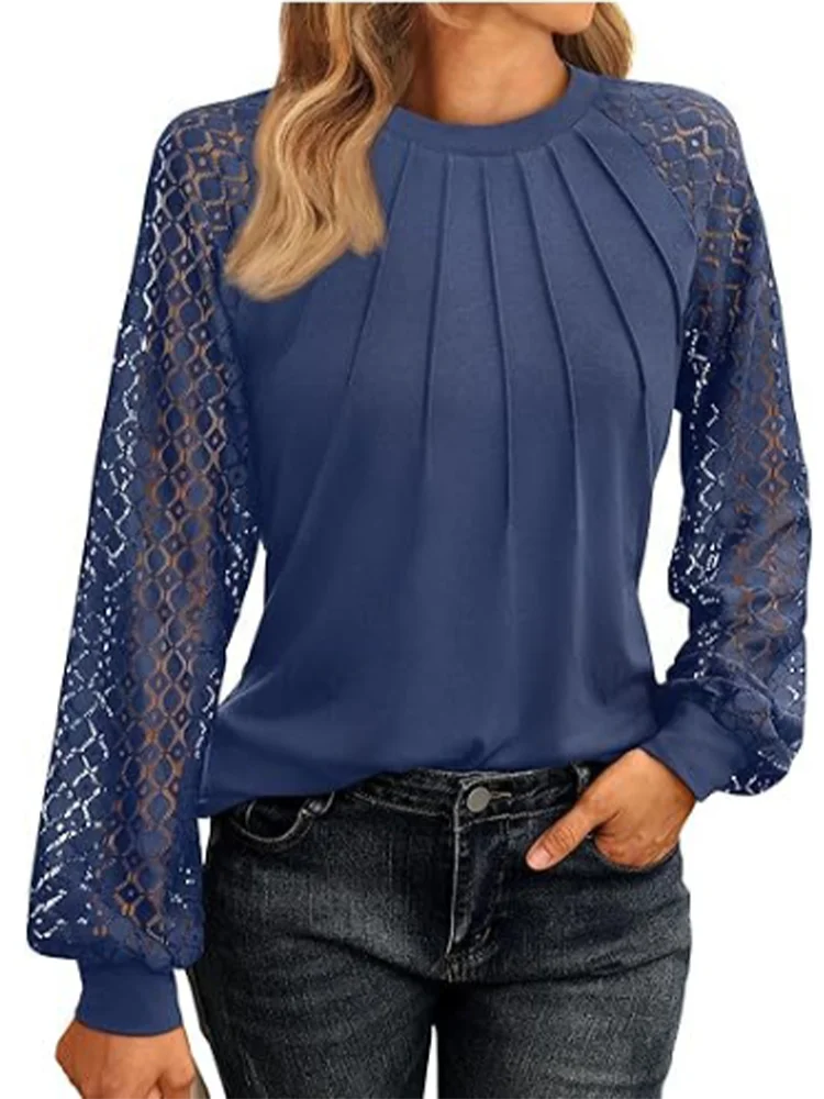 Elegant Lace Pleated Solid Colour Shirt Women's Round Neck Lantern Long Sleeved Blouse .  S-2X