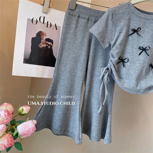 Girls Bow Print Sets Children's Clothing Summer Short Sleeve Tops + Flared Pants 2Pcs Suits Kids Sweet T-Shirt Outfits 2-8 Years