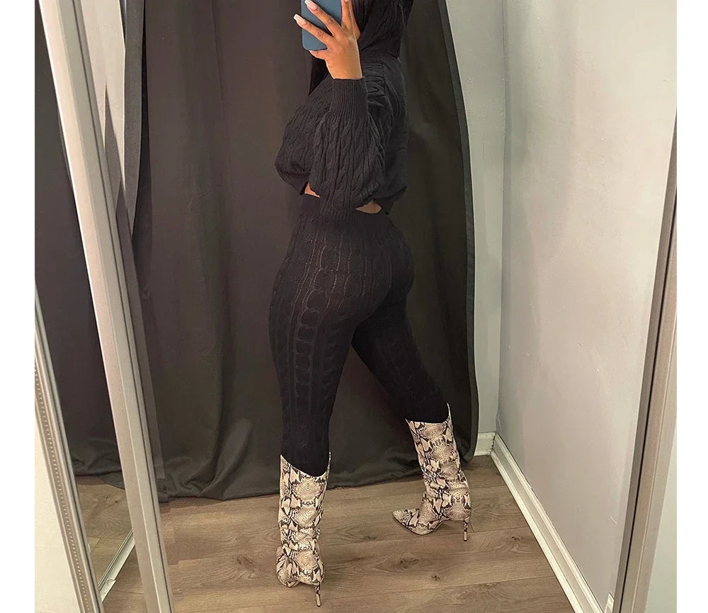 2 Piece Fashion Long Sleeve Cable Knit Hooded Sweater & Pants Suit.