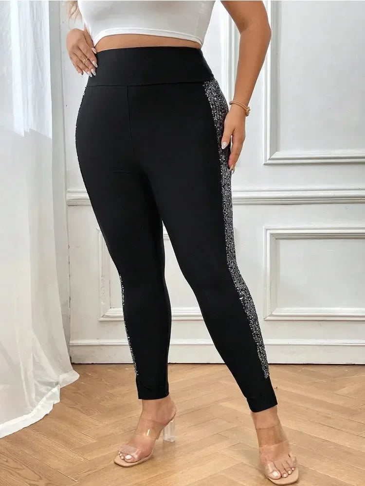 Women's Plus-size Elegant Stretch Leggings Fashion Sequin Side Seam Slim Pants
