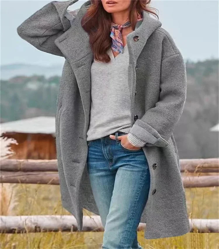 Ladies Retro Style Woolen Coat New Autumn Winter Fashion Outerwear Polyester Fiber Hooded Loose Fit Coat.  S-3X