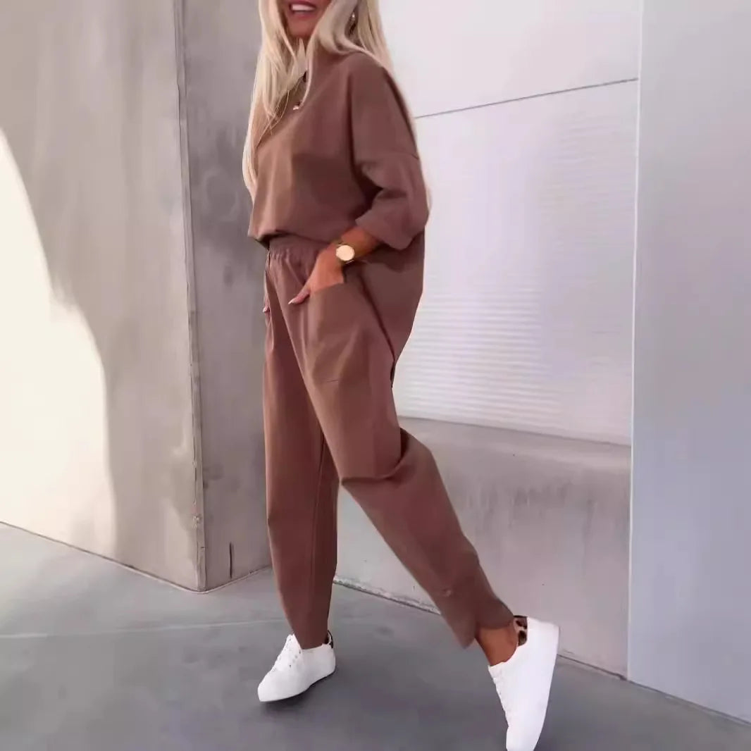 Women Two Piece Set Solid Top Ankle Length Pants Sport Matching Set.  S-3xL